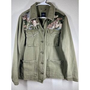 ONE 5 ONE Women Olive Green Camo Sequin Utility Jacket Size L sequin barn